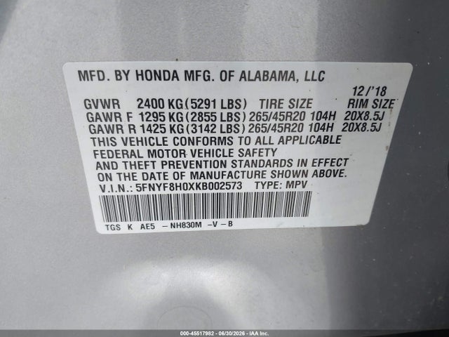 5FNYF8H0XKB002573 Honda Passport Elite