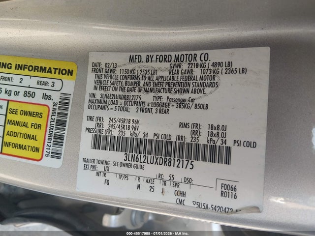 45517985 :رقم المزاد ، 3LN6L2LUXDR812175 vin ، 2013 Lincoln Mkz Hybrid مزاد بيع