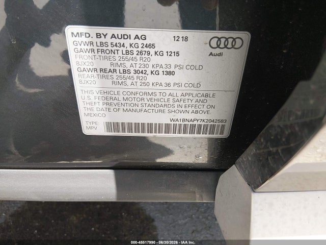 Продаж на аукціоні авто 2019 Audi Q5 45 Premium, vin: WA1BNAFY7K2042583, номер лоту: 45517990