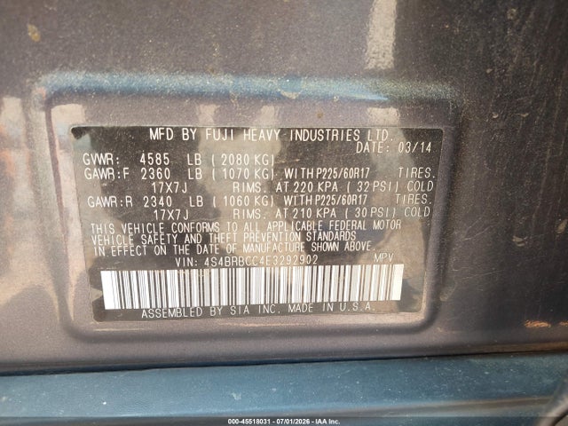 2014 Subaru Outback 2.5i Premium მანქანა იყიდება აუქციონზე, vin: 4S4BRBCC4E3292902, აუქციონის ნომერი: 45518031