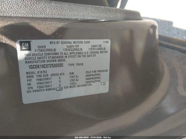 Aukcja sprzedaży 2007 Chevrolet Silverado 1500 Lt1, vin: 1GCEK19C07Z503035, numer aukcji: 45518050