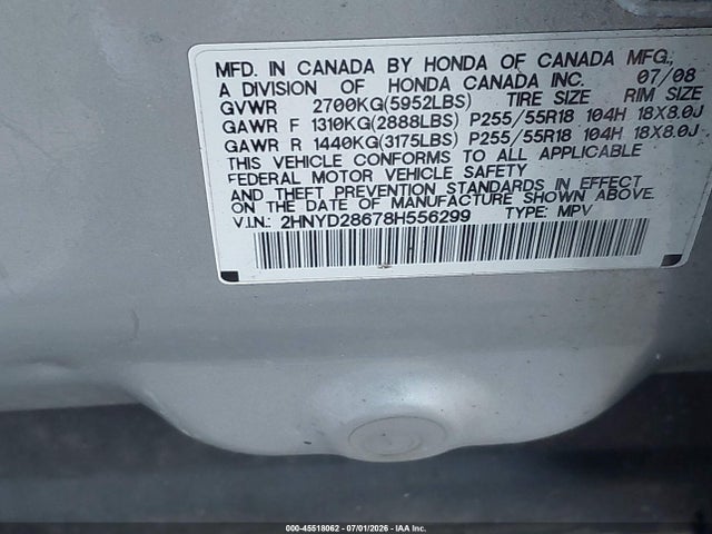 Продаж на аукціоні авто 2008 Acura Mdx Technology Package, vin: 2HNYD28678H556299, номер лоту: 45518062
