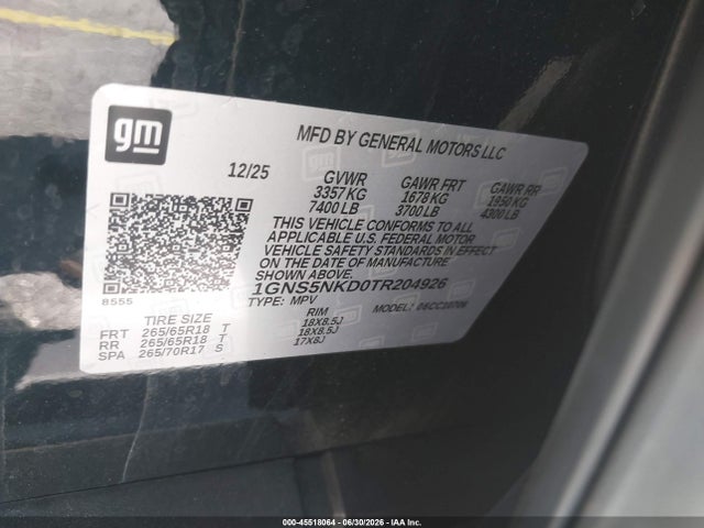 Продаж на аукціоні авто 2026 Chevrolet Tahoe Lt, vin: 1GNS5NKD0TR204926, номер лоту: 45518064