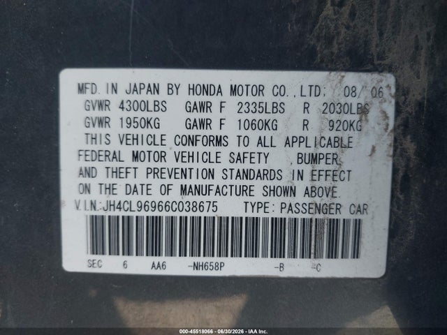 Aukcja sprzedaży 2006 Acura Tsx, vin: JH4CL96966C038675, numer aukcji: 45518066