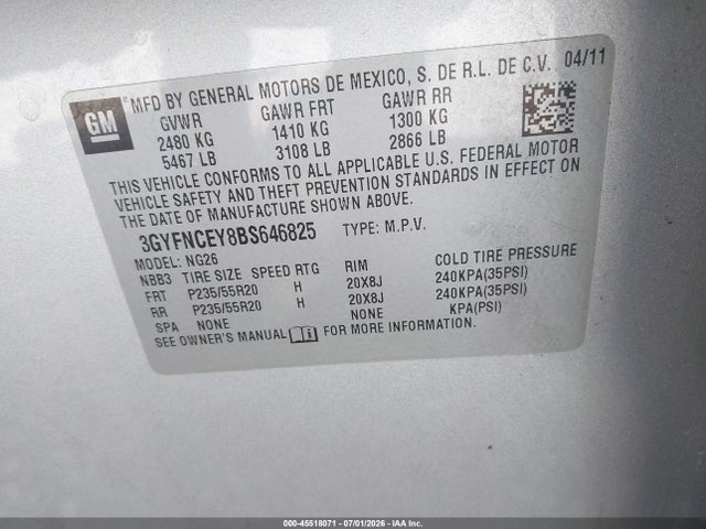 2011 Cadillac Srx Premium Collection მანქანა იყიდება აუქციონზე, vin: 3GYFNCEY8BS646825, აუქციონის ნომერი: 45518071