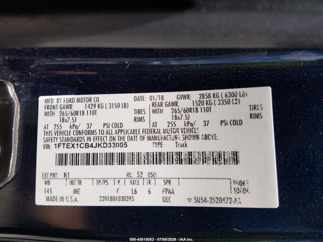 Aukcja sprzedaży 2018 Ford F-150 Xlt, vin: 1FTEX1CB4JKD33005, numer aukcji: 45518082
