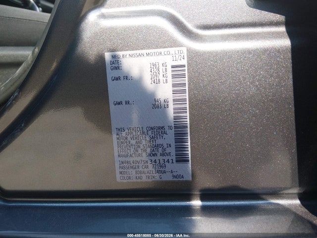 45518085 :رقم المزاد ، 1N4BL4DV7SN341341 vin ، 2025 Nissan Altima Sv Fwd مزاد بيع