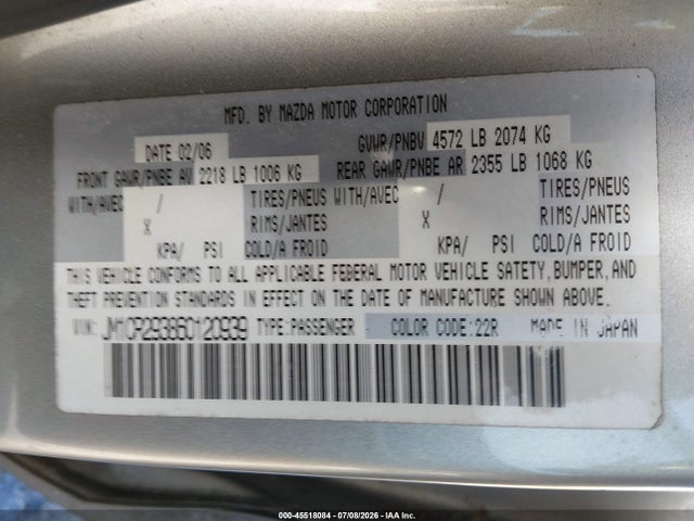 45518084 :رقم المزاد ، JM1CR293860120939 vin ، 2006 Mazda Mazda5 Touring مزاد بيع