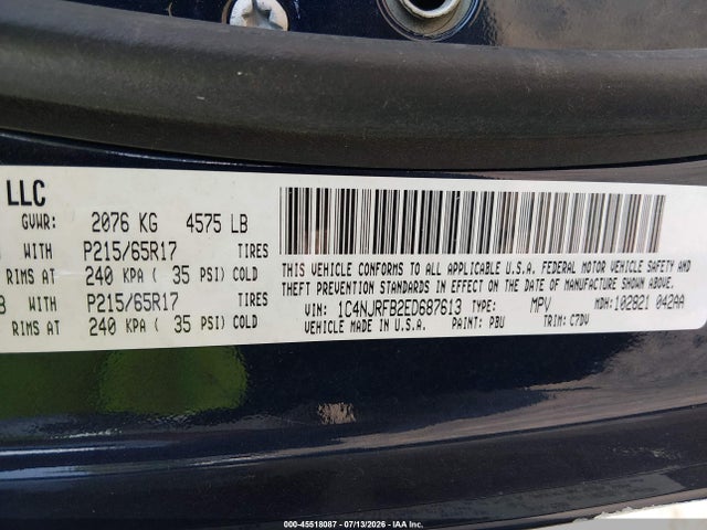 2014 Jeep Patriot Latitude მანქანა იყიდება აუქციონზე, vin: 1C4NJRFB2ED687613, აუქციონის ნომერი: 45518087
