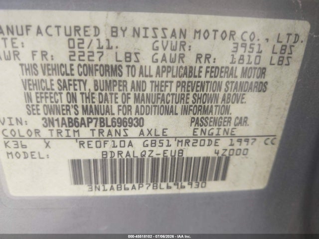 Продажа на аукционе авто 2011 Nissan Sentra 2.0, vin: 3N1AB6AP7BL696930, номер лота: 45518102