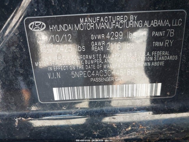 45518105 :رقم المزاد ، 5NPEC4AC3CH451864 vin ، 2012 Hyundai Sonata Limited مزاد بيع