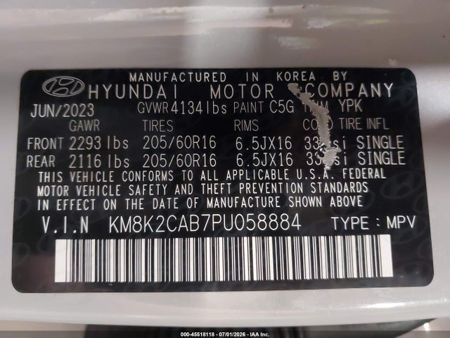 Продаж на аукціоні авто 2023 Hyundai Kona Se, vin: KM8K2CAB7PU058884, номер лоту: 45518118