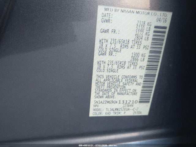 45518121 :رقم المزاد ، 5N1AZ2MG9GN131210 vin ، 2016 Nissan Murano Sl مزاد بيع