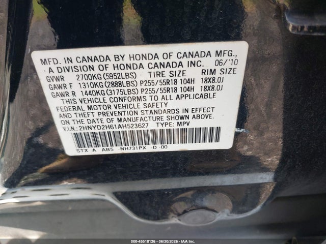 Aukcja sprzedaży 2010 Acura Mdx Technology Package, vin: 2HNYD2H61AH523627, numer aukcji: 45518126
