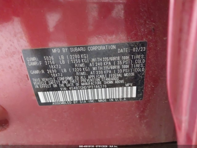 Auction sale of the 2023 Subaru Outback Limited Xt, vin: 4S4BTGND1P3186270, lot number: 45518135