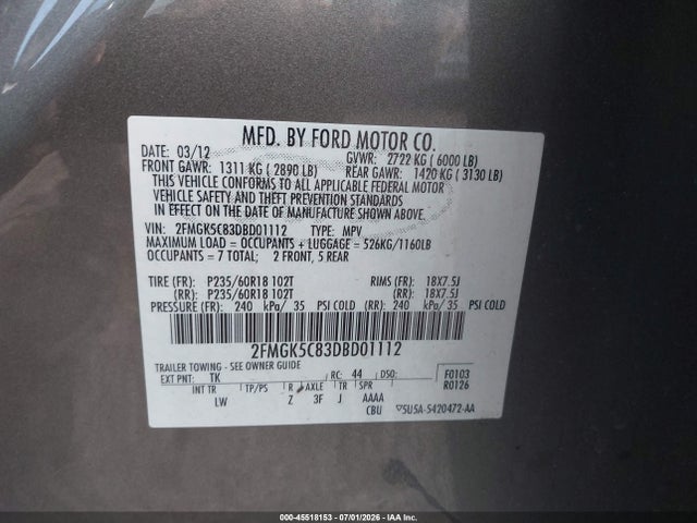 Aukcja sprzedaży 2013 Ford Flex Sel, vin: 2FMGK5C83DBD01112, numer aukcji: 45518153