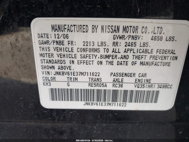 45518154 :رقم المزاد ، JNKBV61E37M711622 vin ، 2007 Infiniti G35 Sport مزاد بيع