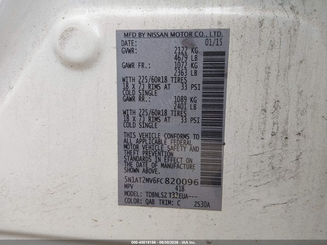 2015 Nissan Rogue Sl მანქანა იყიდება აუქციონზე, vin: 5N1AT2MV6FC820096, აუქციონის ნომერი: 45518156