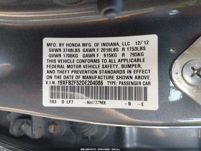 Aukcja sprzedaży 2013 Honda Civic Lx, vin: 19XFB2F52DE204086, numer aukcji: 45518172
