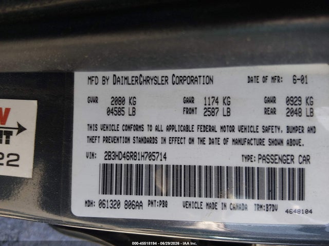 45518194 :رقم المزاد ، 2B3HD46R81H705714 vin ، 2001 Dodge Intrepid Se مزاد بيع