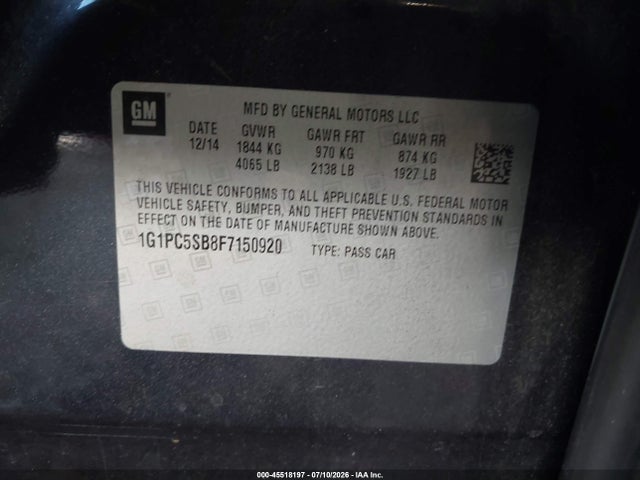 1G1PC5SB8F7150920 Chevrolet Cruze 1lt Auto