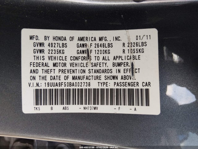 Aukcja sprzedaży 2011 Acura Tl 3.7, vin: 19UUA9F50BA002738, numer aukcji: 45518199
