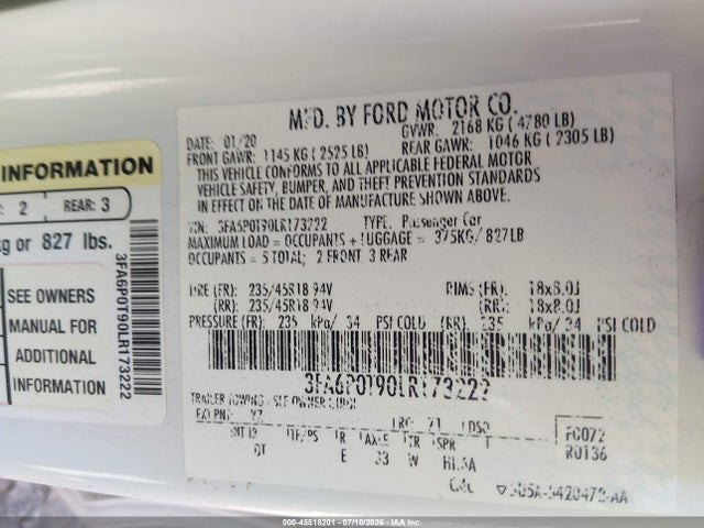 Aukcja sprzedaży 2020 Ford Fusion Se, vin: 3FA6P0T90LR173222, numer aukcji: 45518201