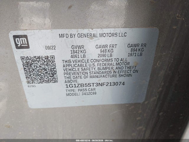 Продажа на аукционе авто 2022 Chevrolet Malibu Fwd Ls, vin: 1G1ZB5ST3NF213074, номер лота: 45518216