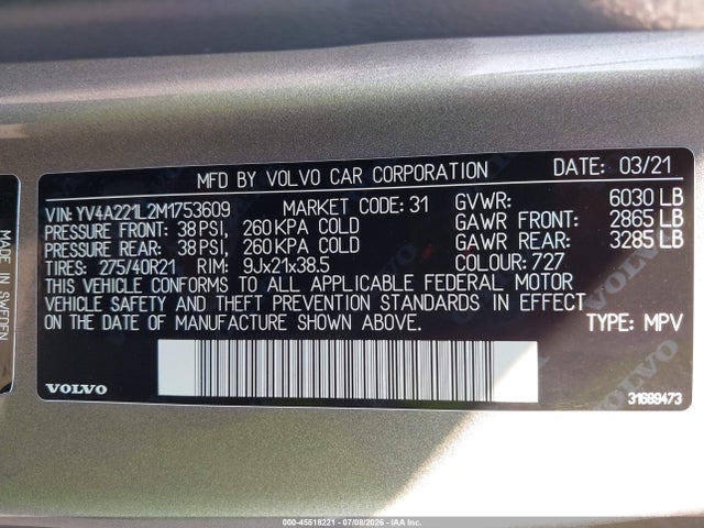 Продажа на аукционе авто 2021 Volvo Xc90 T6 Inscription 6 Passenger, vin: YV4A221L2M1753609, номер лота: 45518221