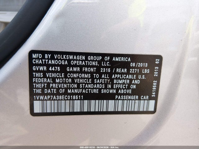 Aukcja sprzedaży 2014 Volkswagen Passat 2.5l S, vin: 1VWAP7A38EC018511, numer aukcji: 45518235