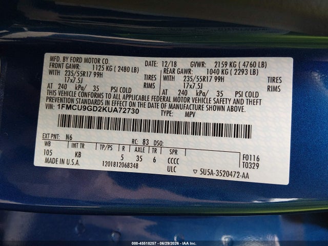 Ford ESCAPE SE 2019 1FMCU9GD2KUA72730 Image 9
