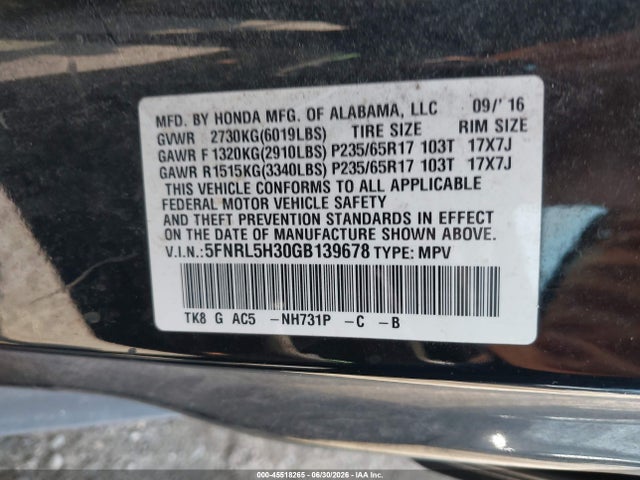 5FNRL5H30GB139678 Honda ODYSSEY SE