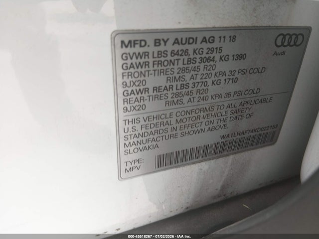 Auction sale of the 2019 Audi Q7 45 Premium/45 Se Premium, vin: WA1LHAF74KD022153, lot number: 45518267