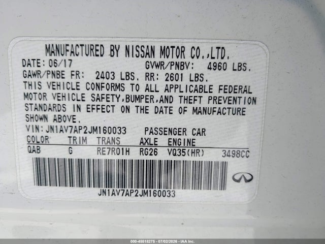 Aukcja sprzedaży 2018 Infiniti Q50 Hybrid Luxe, vin: JN1AV7AP2JM160033, numer aukcji: 45518275