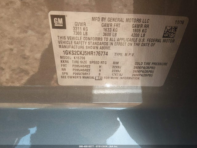 45518277 :رقم المزاد ، 1GKS2CKJ5HR176774 vin ، 2017 Gmc Yukon Denali مزاد بيع