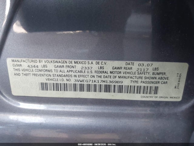 Продаж на аукціоні авто 2007 Volkswagen Jetta Wolfsburg Edition, vin: 3VWEG71K17M136989, номер лоту: 45518292