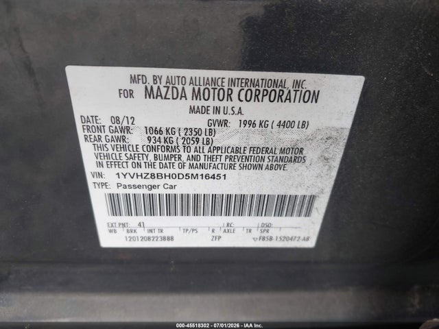 45518302 :رقم المزاد ، 1YVHZ8BH0D5M16451 vin ، 2013 Mazda Mazda6 I Sport مزاد بيع