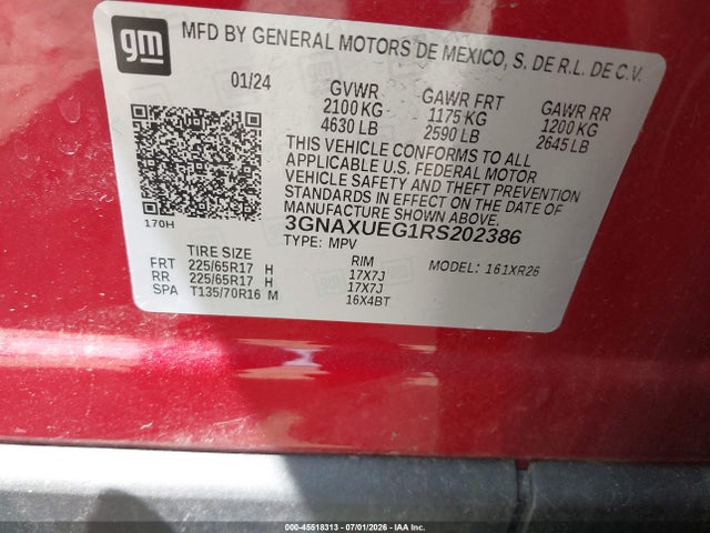 Aukcja sprzedaży 2024 Chevrolet Equinox Awd Lt, vin: 3GNAXUEG1RS202386, numer aukcji: 45518313