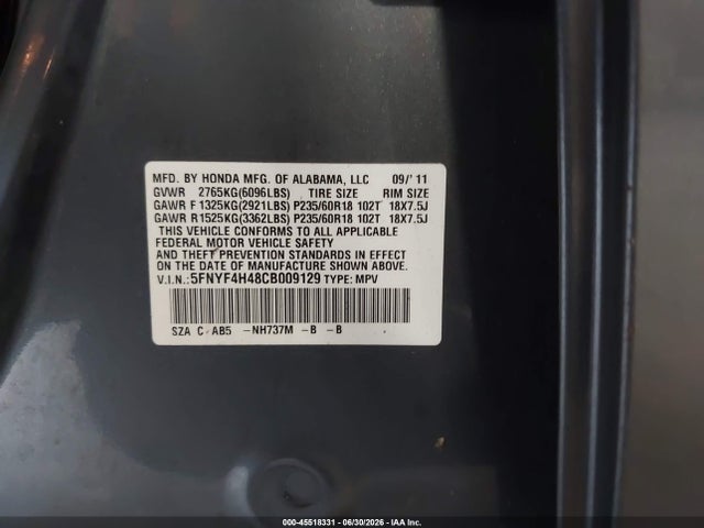 Aukcja sprzedaży 2012 Honda Pilot Ex, vin: 5FNYF4H48CB009129, numer aukcji: 45518331
