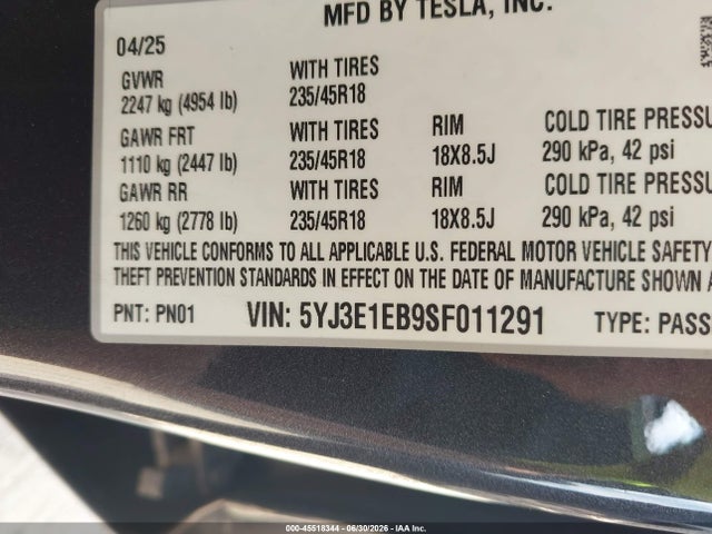 Tesla Model 3 Long Range All-wheel Drive 2025 5YJ3E1EB9SF011291 Image 9