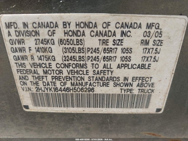 Aukcja sprzedaży 2006 Honda Ridgeline Rts, vin: 2HJYK16446H506296, numer aukcji: 45518350