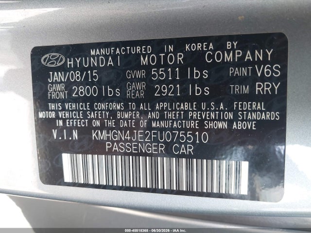 Продажа на аукционе авто 2015 Hyundai Genesis 3.8, vin: KMHGN4JE2FU075510, номер лота: 45518368