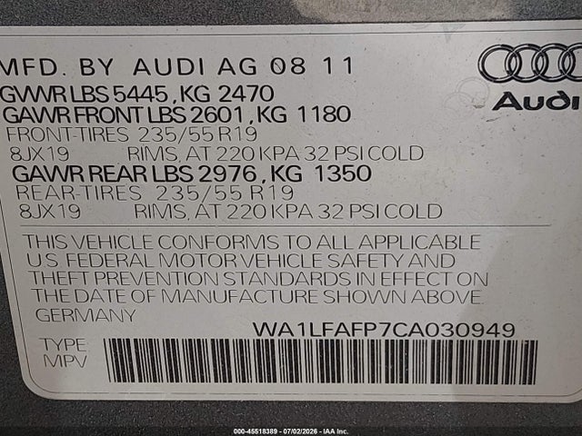 Продажа на аукционе авто 2012 Audi Q5 2.0t Premium, vin: WA1LFAFP7CA030949, номер лота: 45518389