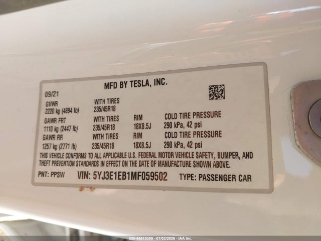 45518399 :رقم المزاد ، 5YJ3E1EB1MF059502 vin ، 2021 Tesla Model 3 Long Range Dual Motor All-wheel Drive مزاد بيع