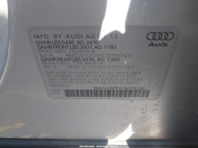 Продажа на аукционе авто 2012 Audi Q5 2.0t Premium, vin: WA1LFAFP2CA074180, номер лота: 45518402