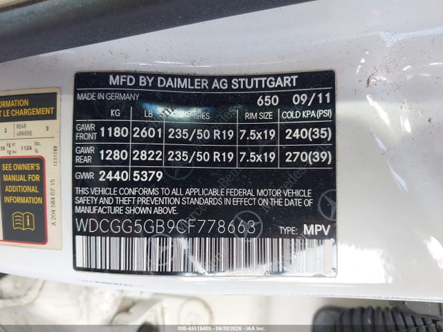 Aukcja sprzedaży 2012 Mercedes-benz Glk 350, vin: WDCGG5GB9CF778663, numer aukcji: 45518405