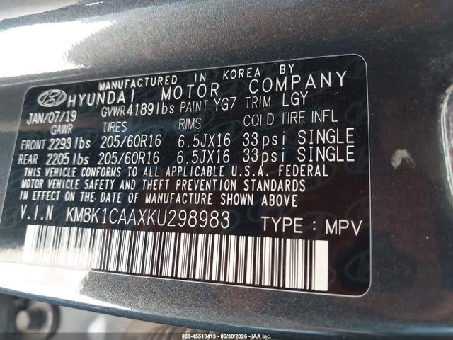 Aukcja sprzedaży 2019 Hyundai Kona Se, vin: KM8K1CAAXKU298983, numer aukcji: 45518413