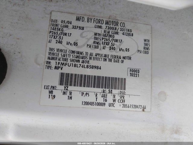 45518421 :رقم المزاد ، 1FMFU18L74LB58984 vin ، 2004 Ford Expedition Eddie Bauer مزاد بيع
