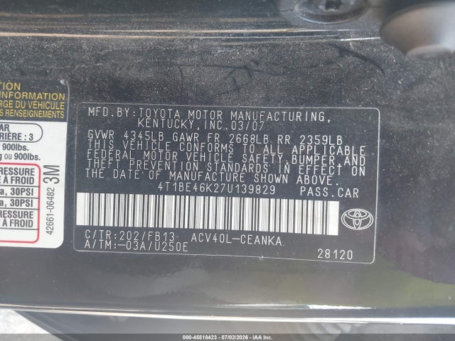 Продажа на аукционе авто 2007 Toyota Camry Ce, vin: 4T1BE46K27U139829, номер лота: 45518423