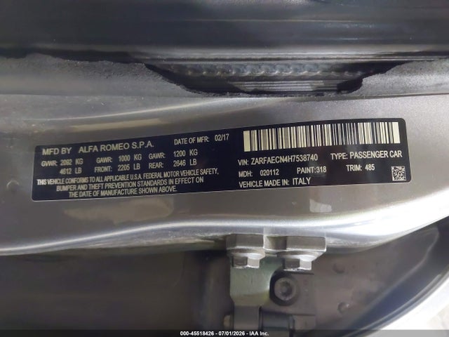 2017 Alfa Romeo Giulia Ti Rwd მანქანა იყიდება აუქციონზე, vin: ZARFAECN4H7538740, აუქციონის ნომერი: 45518426